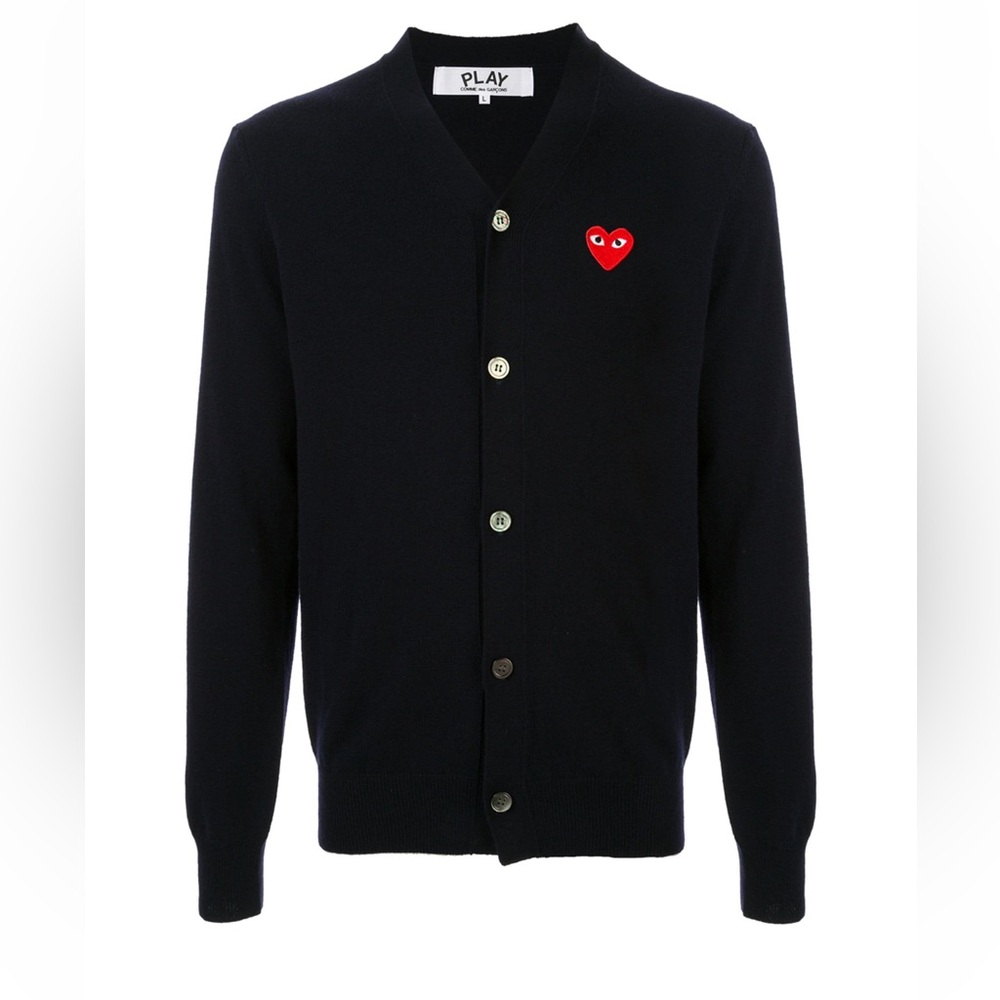NWT Men’s XXL Comme des Garçons Play Embroidered Logo Knit Cardigan Black Wool